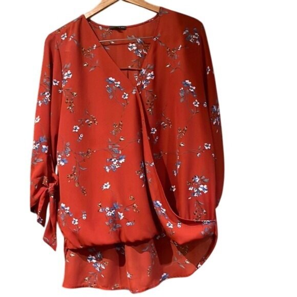 West Kei Tops - West Kei XL Red Floral Faux Wrap Blouse • Surplice V-Neck Tie Sleeve High-Low